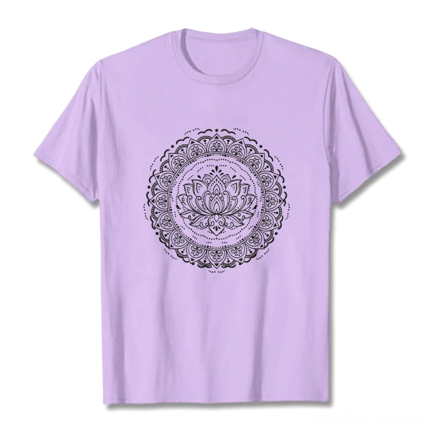 Man modeling light grey mandala lotus cotton t-shirt studio front view