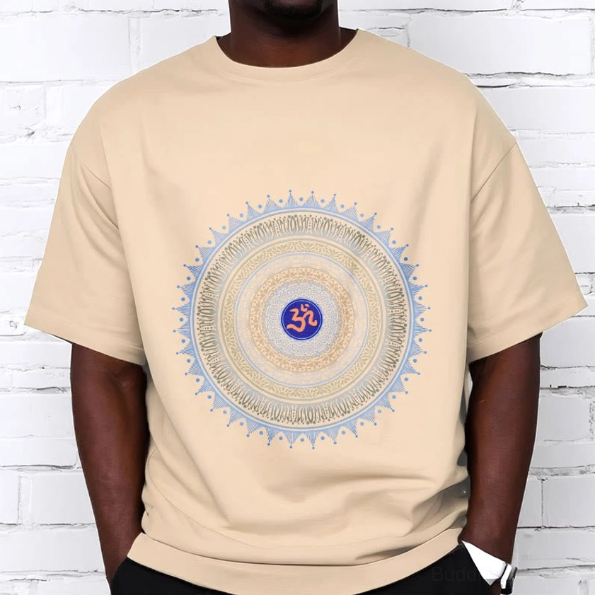 Light grey mandala t-shirt with detailed OM symbol print, unisex Buddhist spiritual graphic tee