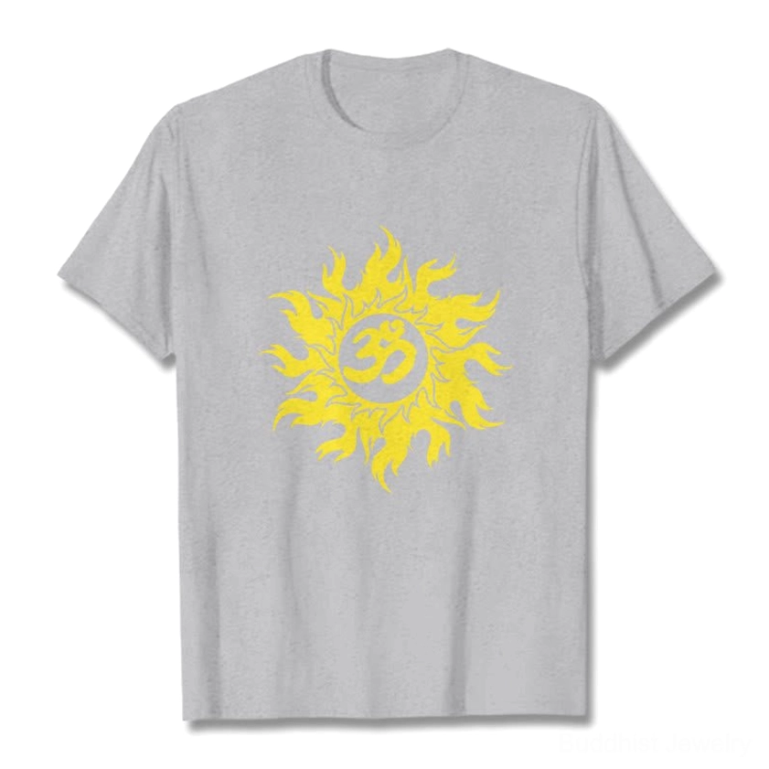 Light grey Buddhist graphic t-shirt with Om sun print flat lay, neutral tone unisex regular fit crew neck