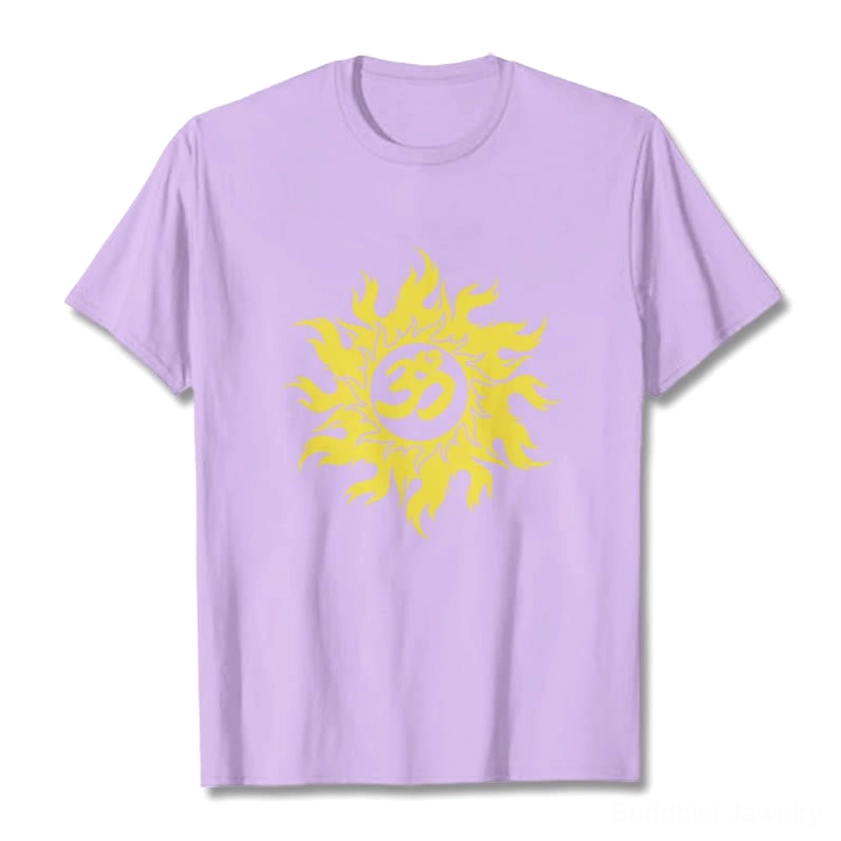 Woman lifestyle shot wearing light grey Om sun Buddhist t-shirt, authentic spiritual fashion wear