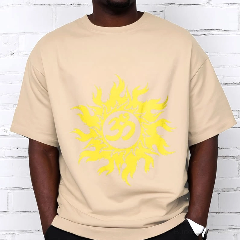 Light grey Om sun Buddhist spiritual t-shirt, unisex regular fit crew neck with sacred Sanskrit print