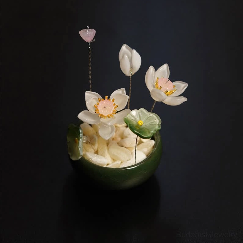 Light Pink Lotus Liuli Crystal Bonsai Decor - Milky White and Pale Pink Lotus Blooms with Off-White Gravel Base for Meditation