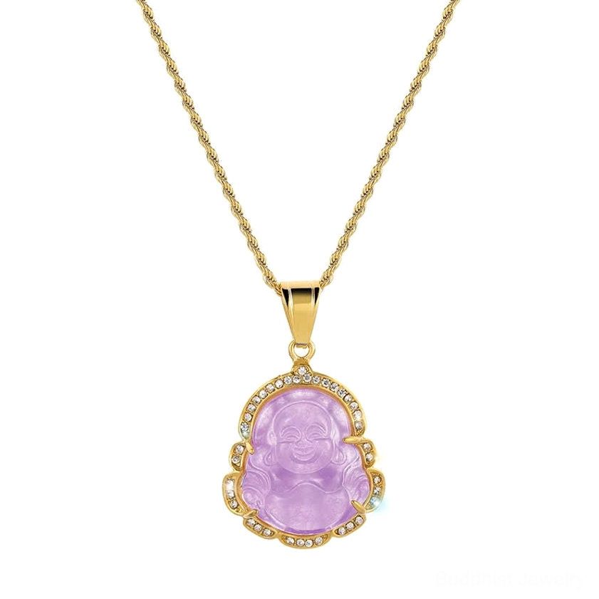 Light purple jade Laughing Buddha necklace 18K gold filled chain meditation pendant