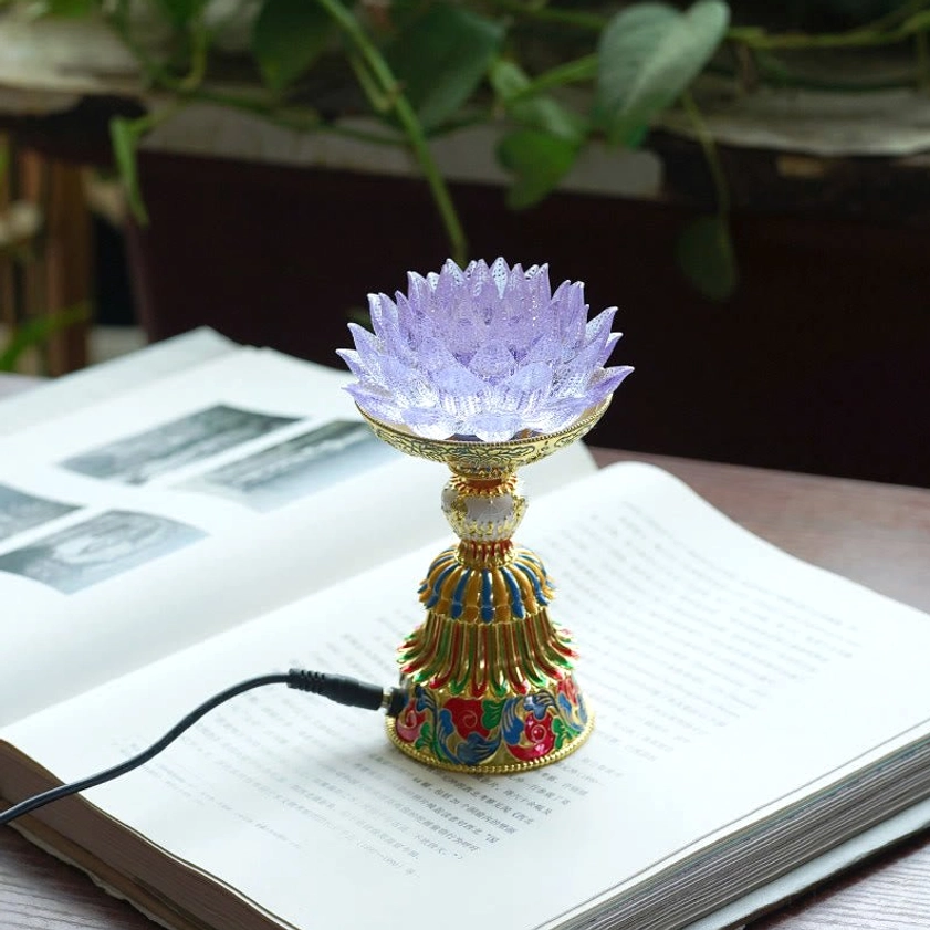 Light purple liuli glass lotus lamp with plug-in power option and enamel base