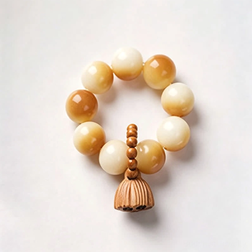 Single yellow-beige bodhi seed meditation bracelet with polished beads and wooden lotus pod charm