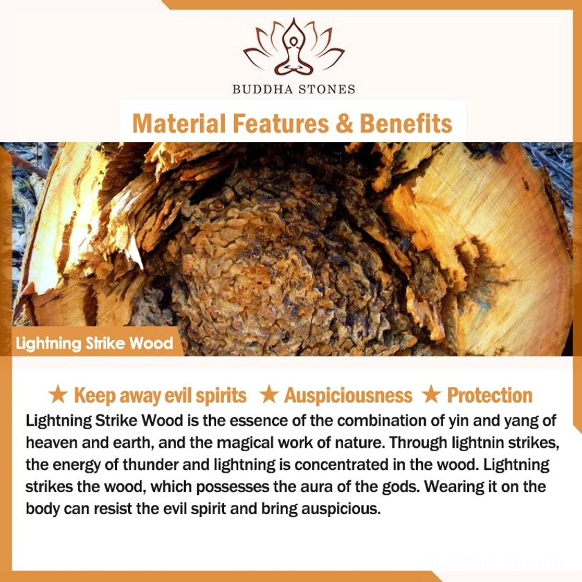 Lightning Strike Wood material showcase poster with natural wood texture, explaining protective and spiritual benefits of Lightning Strike Wood for Buddhist practice