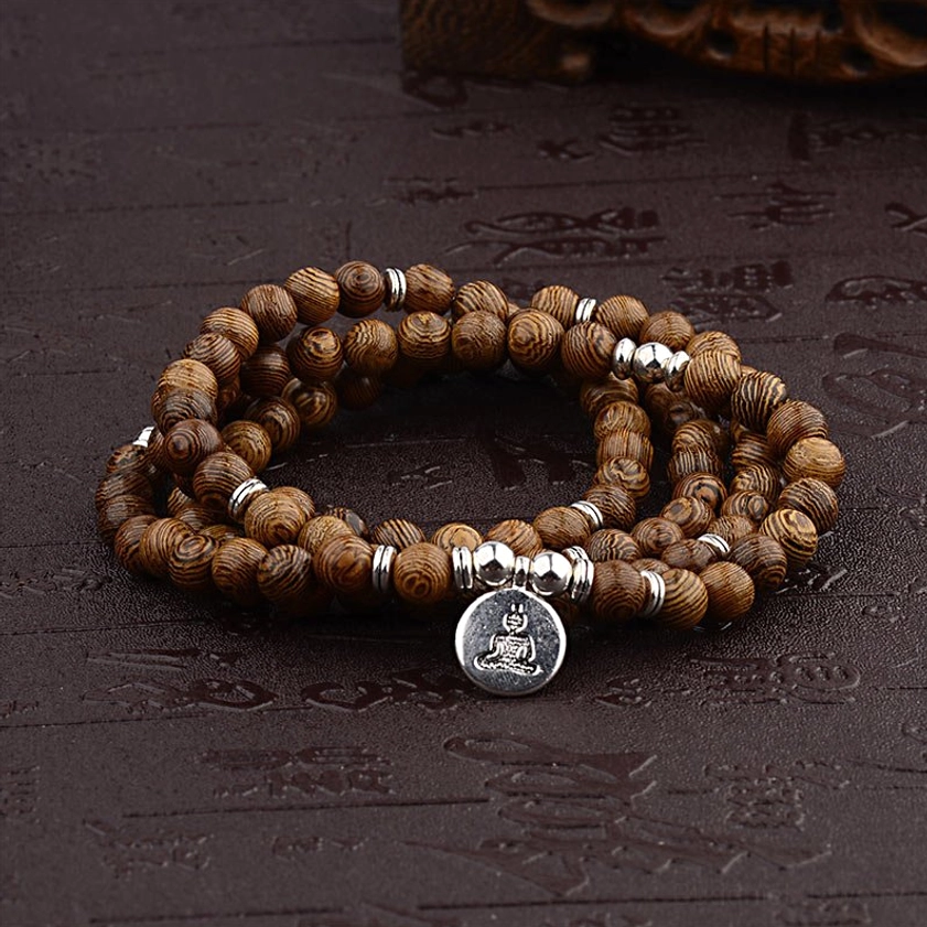 Brown lightning strike wood Buddhist bracelet with Buddha silver charm, natural protective wood beads