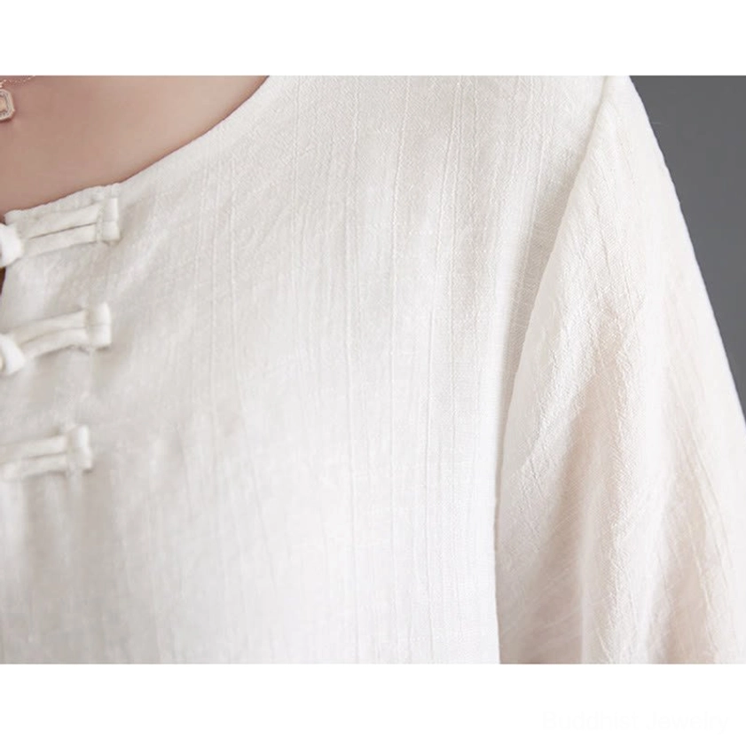 Linen meditation two-piece outfit showing frog-button traditional closure and flowing silhouette - authentic Buddhist-inspired contemplative apparel