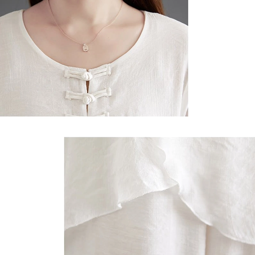 Close-up detail of linen meditation clothing featuring traditional Chinese frog buttons, layered asymmetrical hem texture, and premium cotton-linen fabric quality