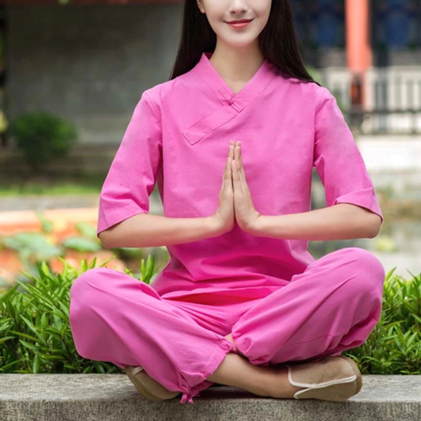 Natural linen meditation and Tai Chi clothing set demonstrating fabric texture and breathable quality for spiritual practice