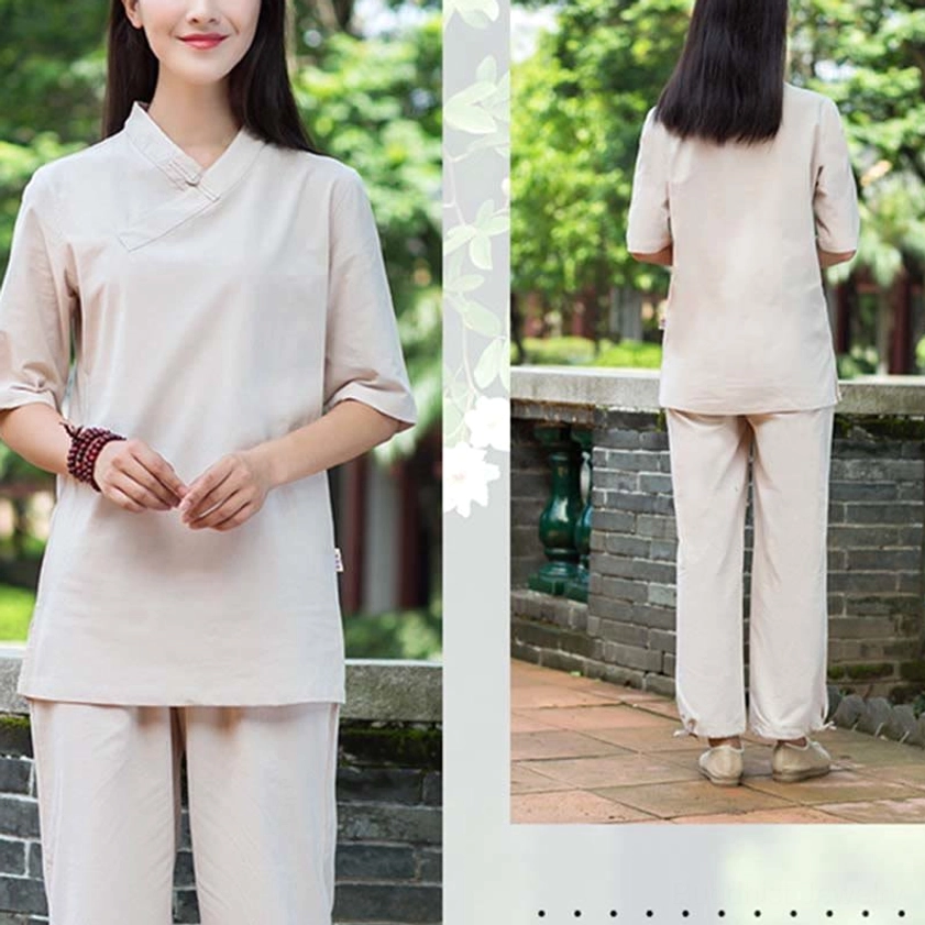 Light khaki linen meditation and tai chi clothing set front and back composite view showing half-sleeve top and straight leg pants