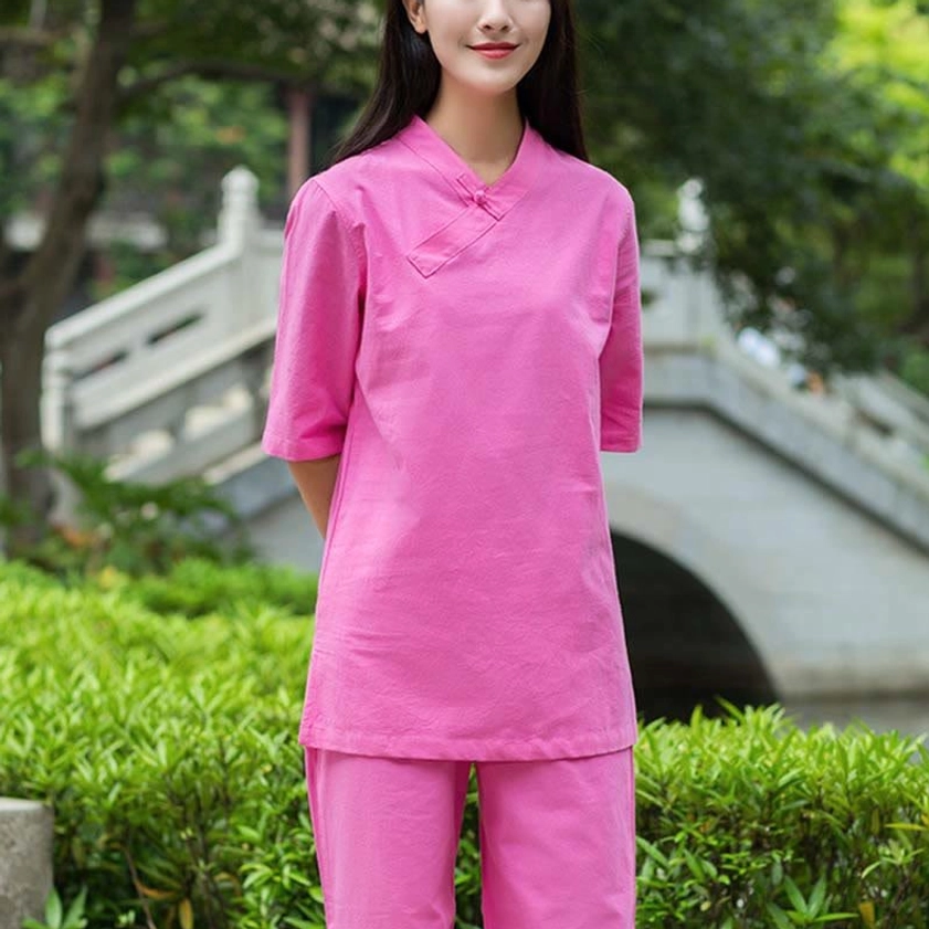Rose pink linen meditation and Tai Chi two-piece set with slanted collar half sleeves and matching pants in zen garden