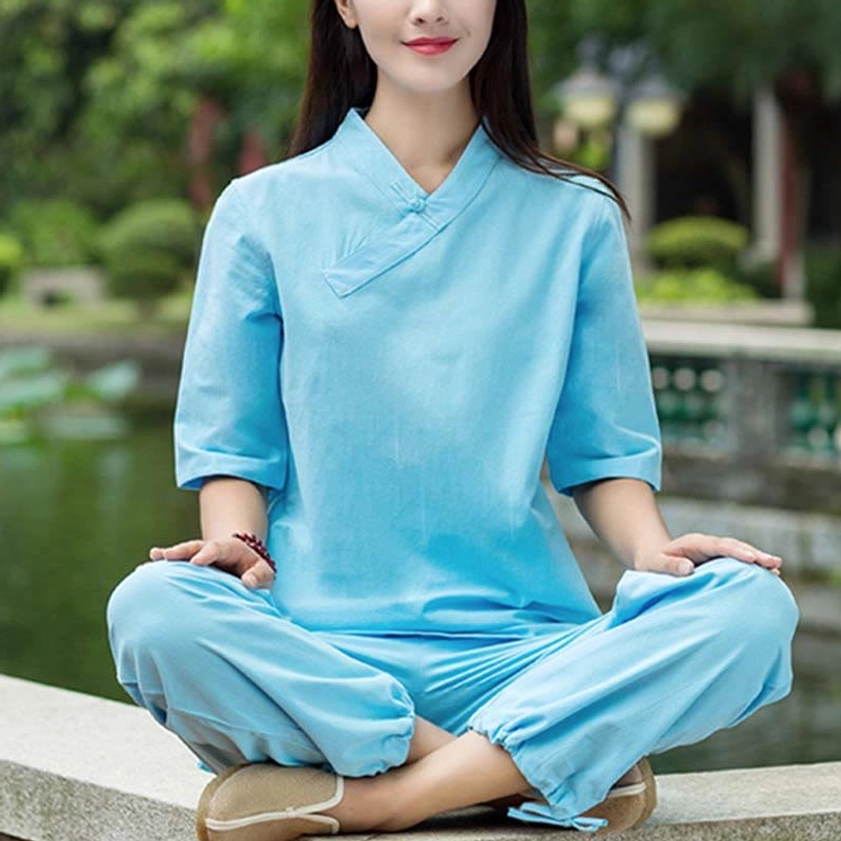 Comfortable linen meditation and Tai Chi set with V-neck top allowing deep breathing and forward folds during practice