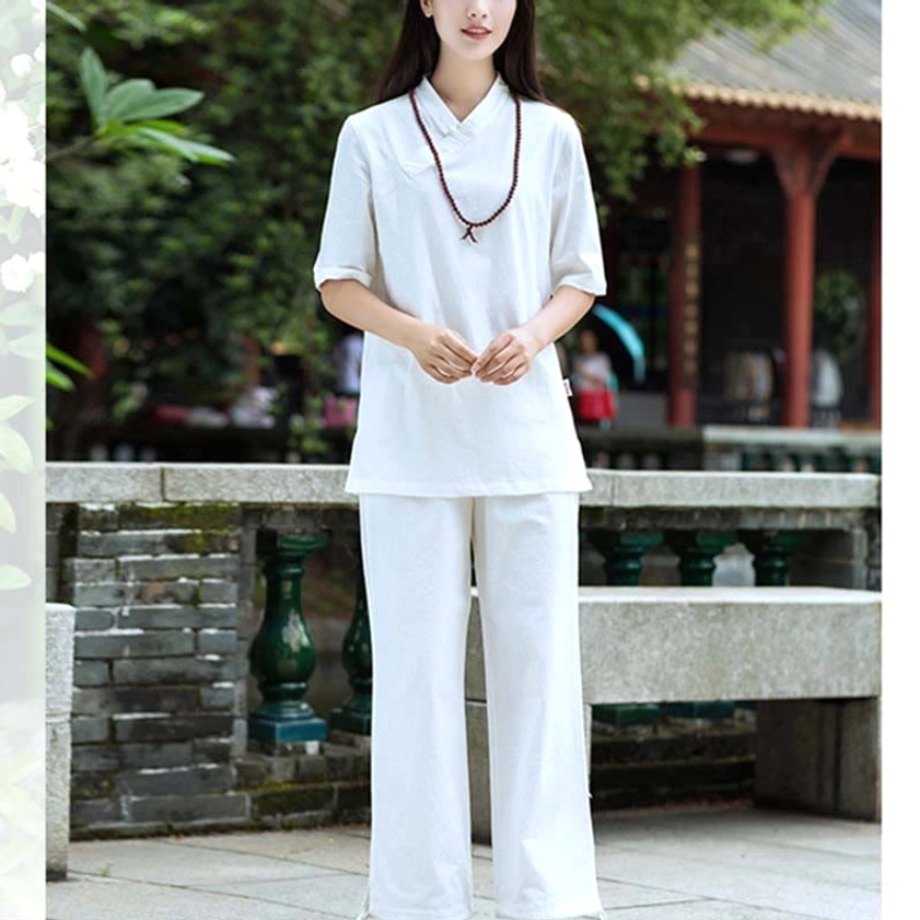 Linen Tai Chi and meditation practice wear showing detailed V-neck design and half-sleeve construction for mindfulness practice