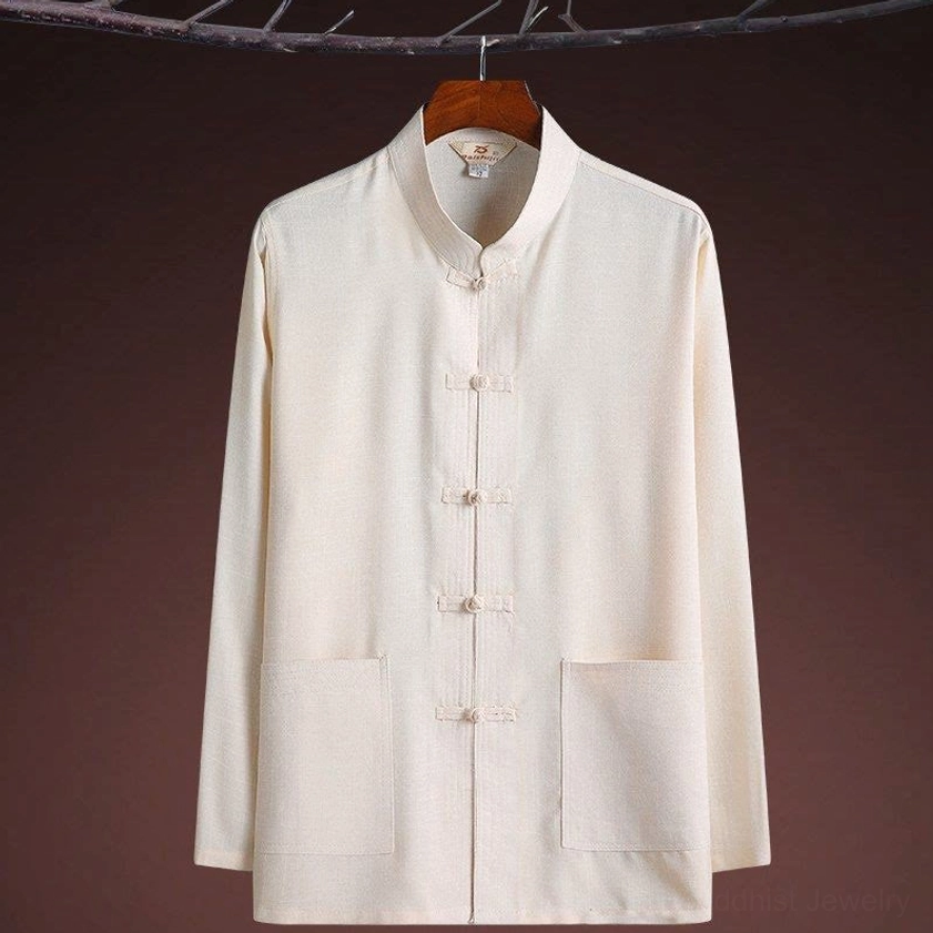 Linen Tang suit long sleeve shirt with traditional frog buttons and stand collar