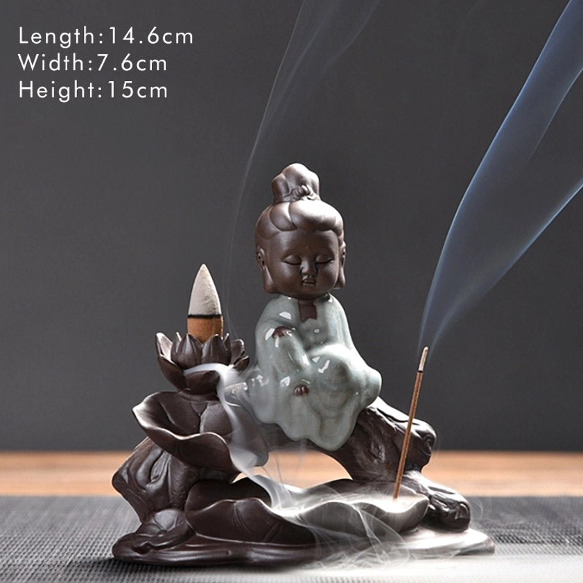 Little Avalokitesvara ceramic backflow incense burner, handcrafted Buddhist figure with lotus-inspired design, brown ceramic construction with celadon glaze, meditation décor for home or spiritual practice