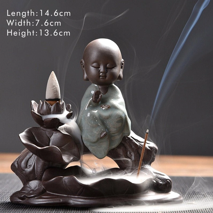 Little Ksitigarbha Bodhisattva ceramic backflow incense burner, handmade Buddhist sculpture, natural ceramic material with celadon accents, incense holder for meditation and spiritual practice
