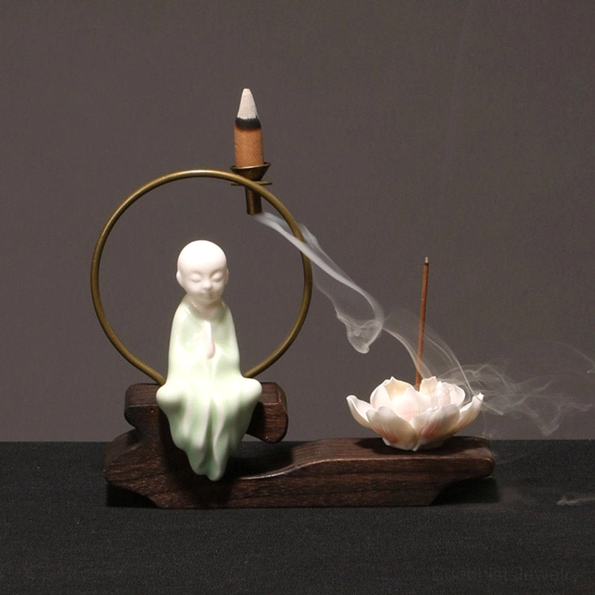Little Monk Buddhist incense burner with ceramic design, handcrafted spiritual figure for meditation practice and home altar