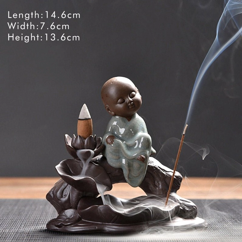 Little Monk handcrafted ceramic backflow incense burner, natural eco-friendly ceramic material, brown base with celadon-glazed monk figure, lotus-shaped incense holder for mindfulness practice