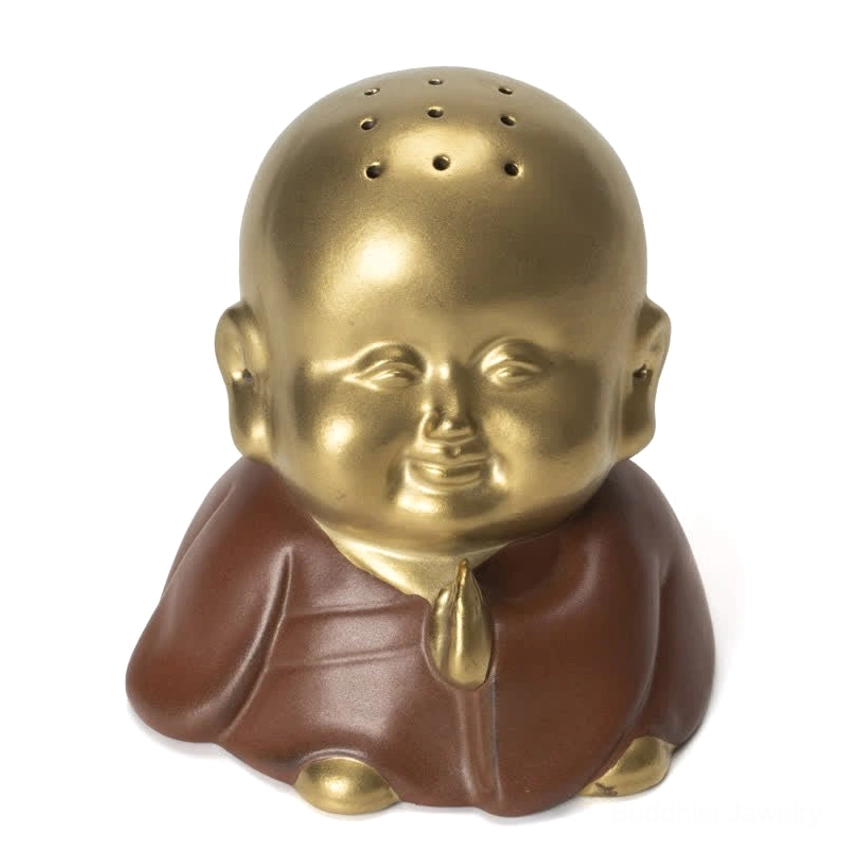 Little monk ceramic incense burner front full product view on white background, praying hands and two-tone gold brown design