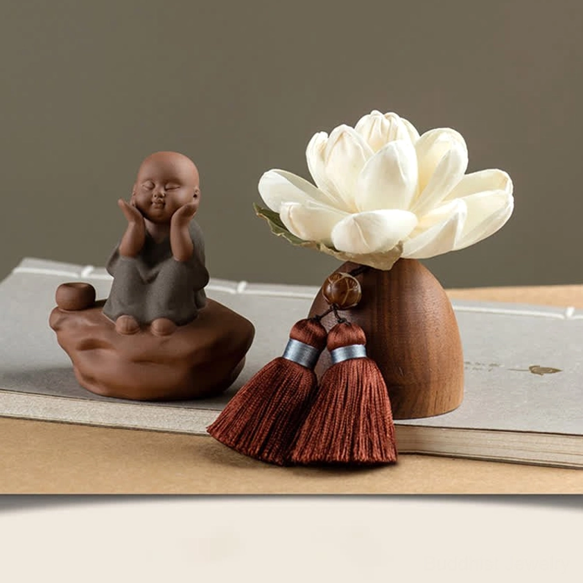 Little Monk Sitting Buddha figurine peaceful meditation pose on wooden lotus altar stand