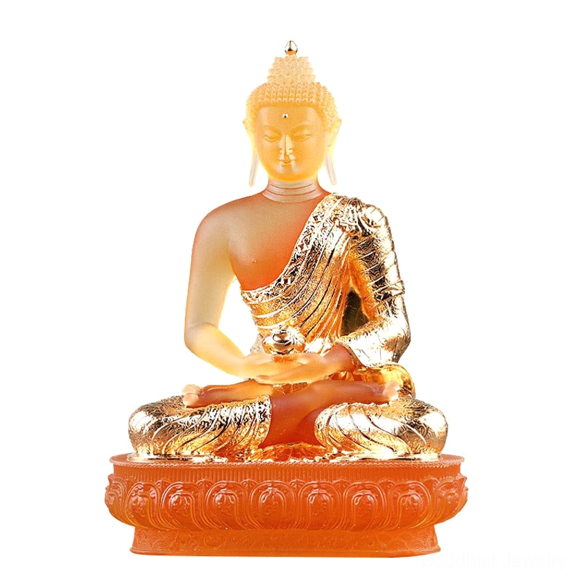 Front view of Liuli glass Buddha statue with white background showing amber frosted finish and gold accents meditation pose