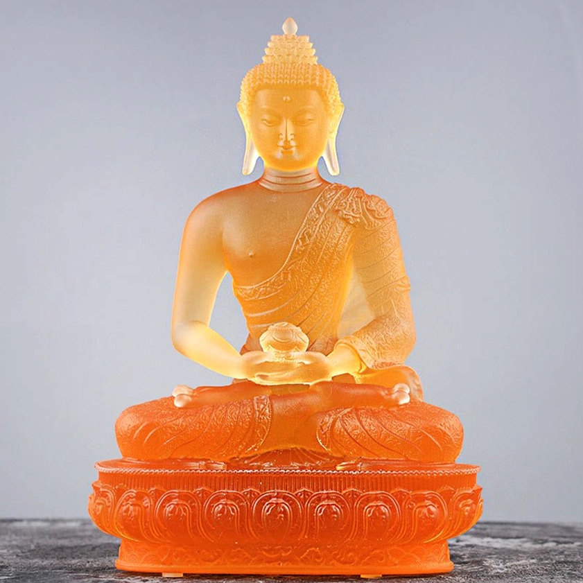 Ungilded frosted amber Liuli glass Buddha statue in meditation pose with ritual bowl and lotus base