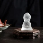 Liuli Buddha statue frosted glass meditation desk decoration front view with wooden display base