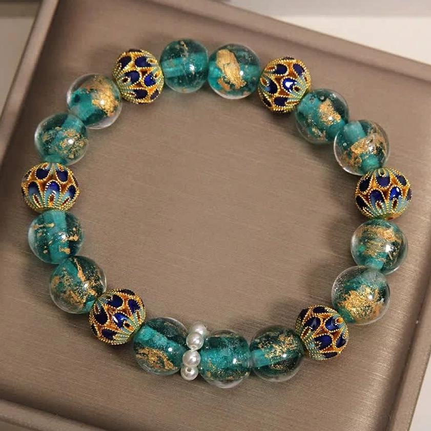 Complete Liuli glass Buddhist bracelet with cloisonné enamel beads pearl spacers and elastic cord