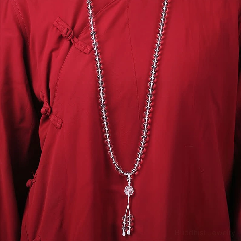 108 bead Buddhist meditation mala with transparent liuli beads and crystal tassel pendant, product showcase