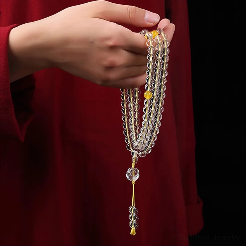 Liuli lotus 108 bead Buddhist prayer mala with crystal tassel, complete meditation tool display