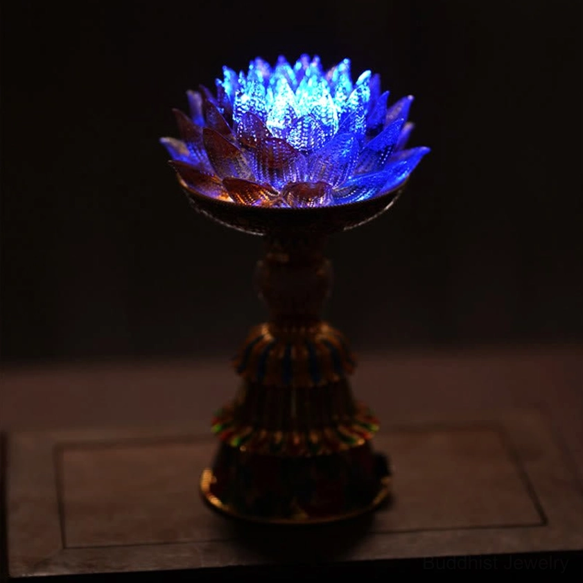 Liuli glass lotus lamp sacred altar decoration for Buddhist shrine setup