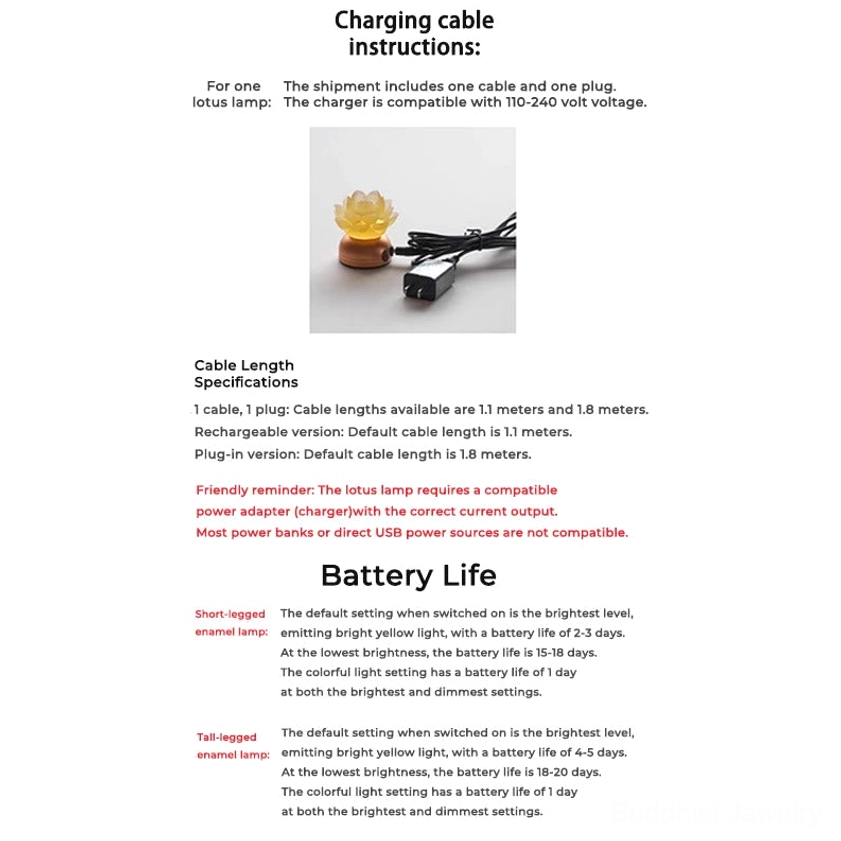 Charging and battery life instructions for liuli glass lotus lamp with cable length specifications