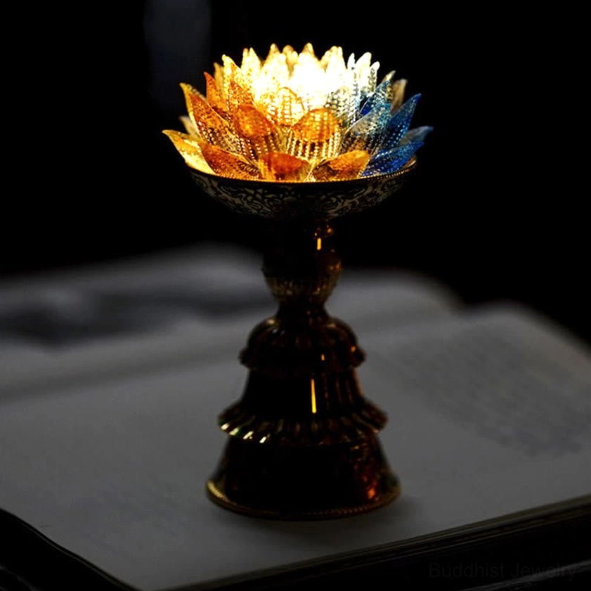Liuli lotus lamp eight auspicious symbols enamel base close-up detail