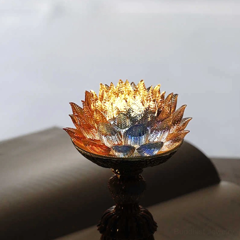 Handcrafted liuli lotus lamp showing natural color variations and authenticity