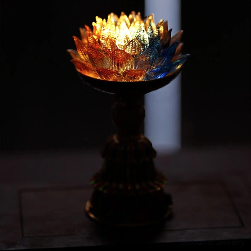 Liuli glass lotus lamp for home altar meditation space and spiritual practice