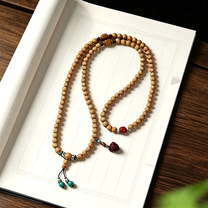 Long Star Moon Bodhi Seed mala necklace with spotted beads and wooden pendant on vintage book pages