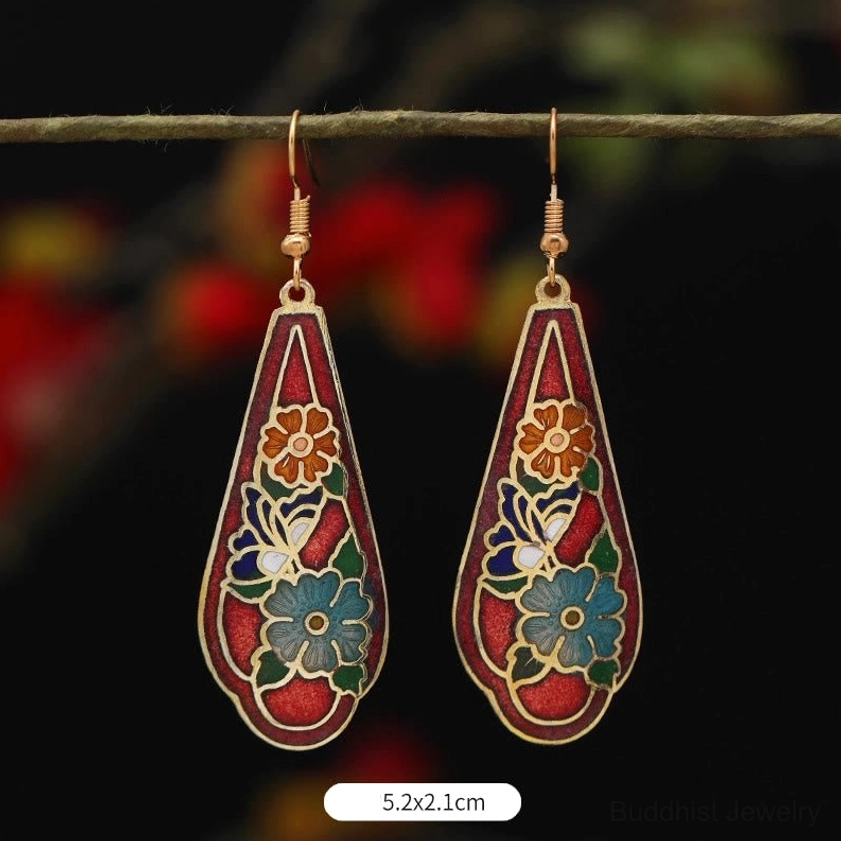 Long teardrop enamel drop earrings size 5.2x2.1cm with flower and butterfly pattern on red base