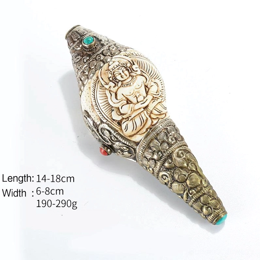 Buddhist Longevity Buddha shankha conch shell altar decoration with silver detail