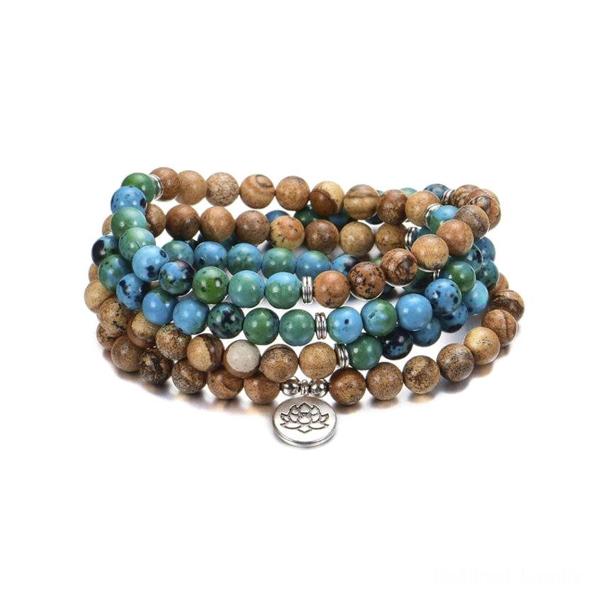 Loose 108 Buddhist Prayer Mala Beads – Bodhi Seeds, Picture Jasper, and Silver Lotus Charm Displayed