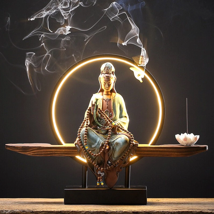 Blue-gray Lotus Avalokitesvara handcrafted incense burner with LED backlight and rising incense smoke waterfall effect