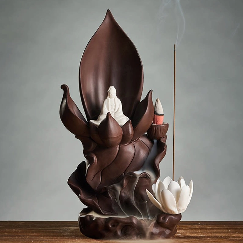 Lotus Avalokitesvara Buddha backflow incense burner with clear flowing smoke and meditating Buddha figure