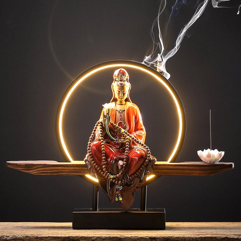 Red glazed Lotus Avalokitesvara ceramic incense burner with circular LED halo and prayer beads detail