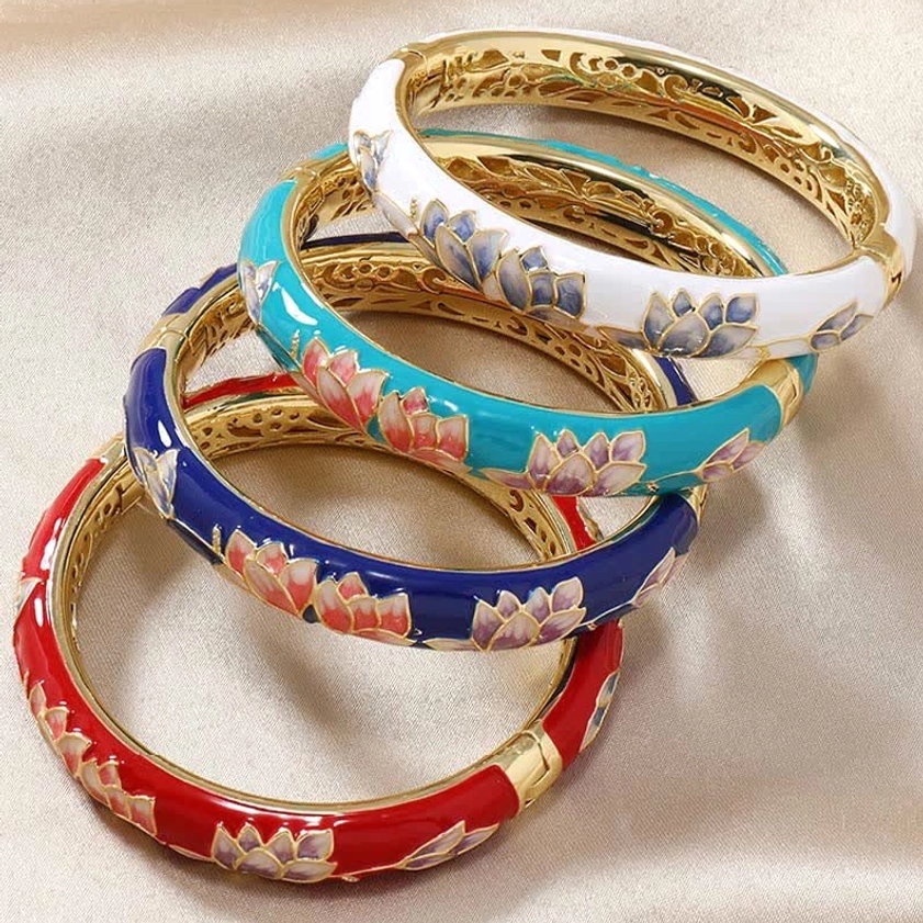 Set of four stacked cloisonné lotus bangle bracelets in red, white, blue and turquoise enamel color variants