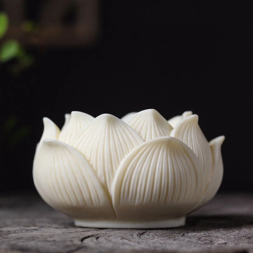 Empty ivory fruit lotus flower pedestal base showing carved petal vein details and stable round foundation