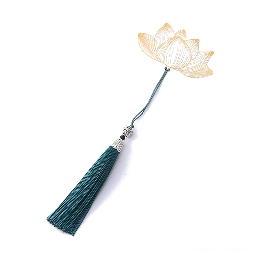 Complete lotus metal bookmark vertical hanging view - gold lotus charm with long decorative teal tassel on light background
