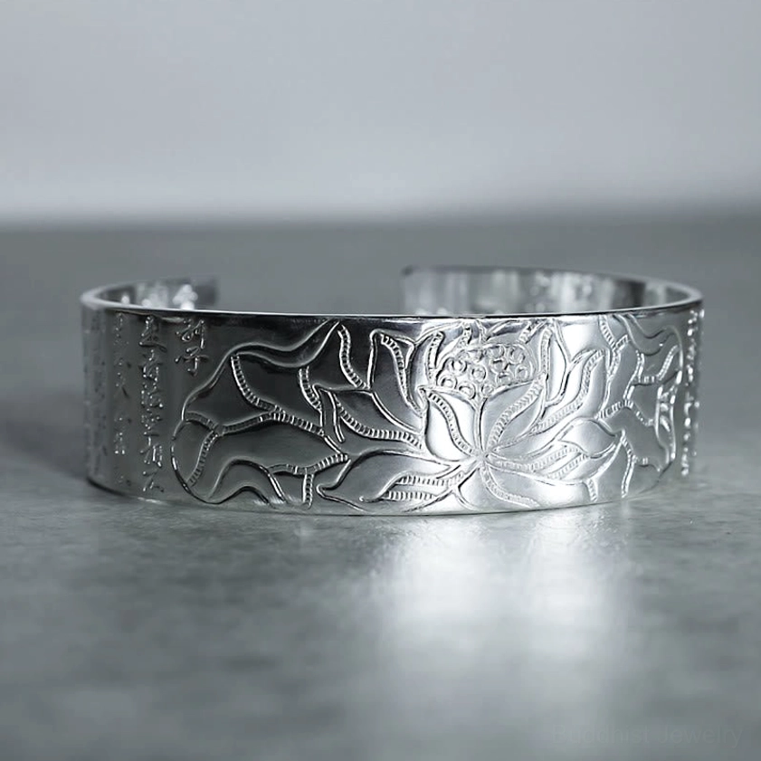 Black engraving lotus white copper Buddhist cuff bracelet featuring high-contrast sutra text and carved lotus pattern for enhanced visibility