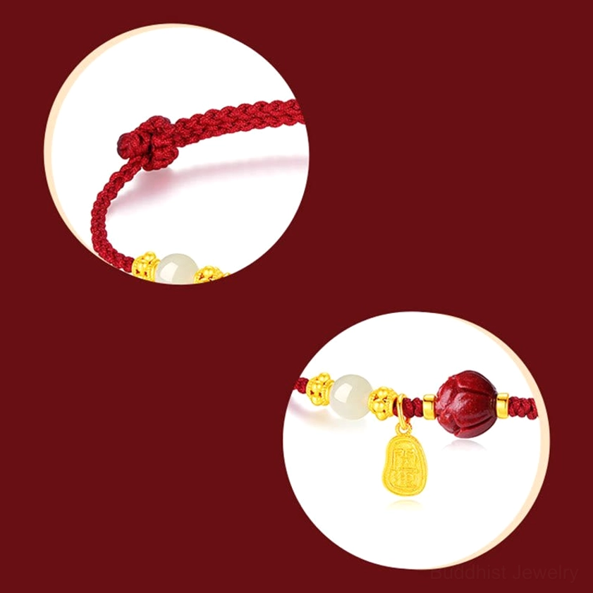 Close-up detail shots of bracelet components including braided knot, gold-plated beads, and lotus pendant design