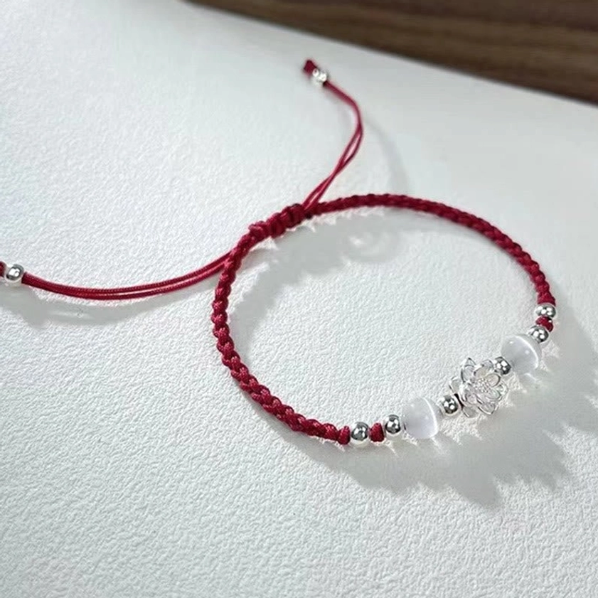 Green lotus string bracelet with silver lotus charm and cat's eye beads Buddhist protection talisman