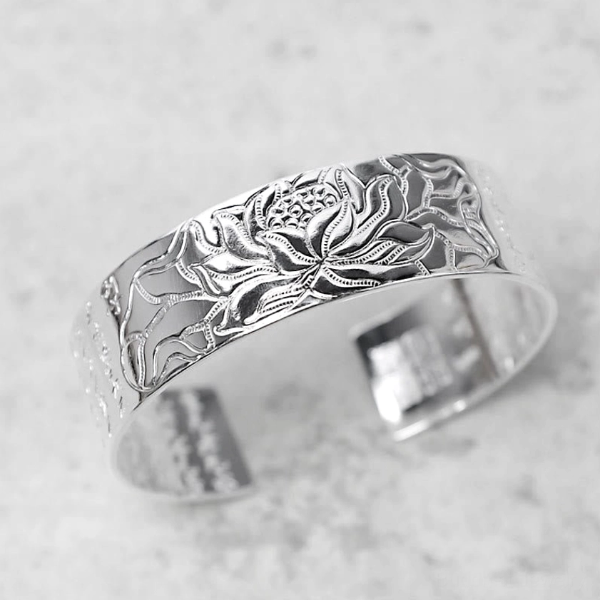Transparent engraving lotus white copper Buddhist open cuff bracelet with clear carving detail and polished silver finish for spiritual wear